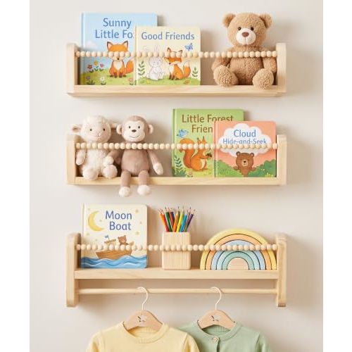 Maxpeuvon Nursery Shelves for Wall Set of 3, Natural Wood Floating Shelves | Kids Bookshelf with Towel Bar, Wall Mounted Organizer and Decor with Beads, for Kids Room, Bedroom and Kitchen