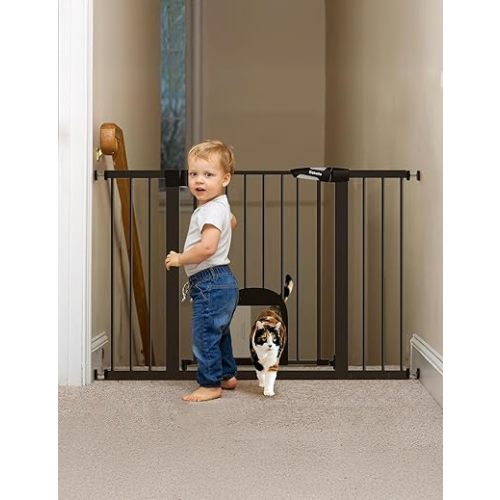 Babelio 29-48" Extra Wide Baby Gate with Adjustable Cat Door, Easy Install Pressure/Hardware Mounted Dog Gates for The House, Auto Close Pet Gate for Stairs, Black