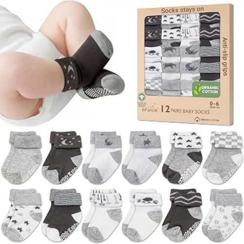GOTS Certified Orgain Cotton Rich Blend Baby Socks 12 Pairs For Newborn Girls 0-6 (M) Baby Boy Soft, Stretchable & Breathable Infant Socks, Cute Little Boy Socks, Baby Registry Essential, Black