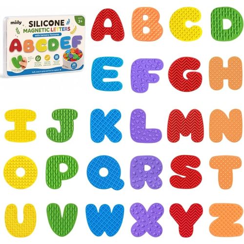 Silicone Magnetic Letters with Sensory Textures, 26 Uppercase Alphabet Magnets for Toddlers & Kids 3+, ABC Magnets for Fridge & Whiteboard, Letter Recognition & Early Spelling Learning Toys