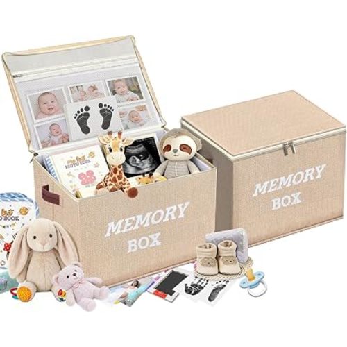 Memory Box for Keepsakes, Large Baby Keepsake Box Decorative Baby Memory Box for Baby Shower Anniversary, Wedding, Valentines Day, Birthday Gift (2, Beige)
