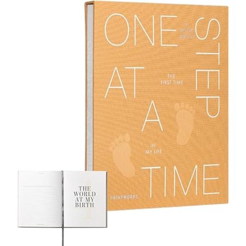 Printworks One Step At A Time – Baby Memory Book - 64-Page Photo album Keepsake with Slipcase - Premium Baby Book for Photos - Elegant Picture Organizer for Girls & Boys - Shelf-Display Ready Design