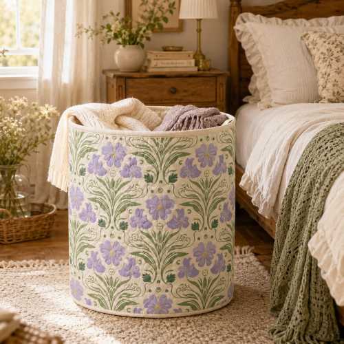 Scandinavian Folk Floral Quilted Laundry Basket, Purple Floral Laundry Basket, Quilted Fabric Hamper, Art Nouveau Cottagecore Storage Bin