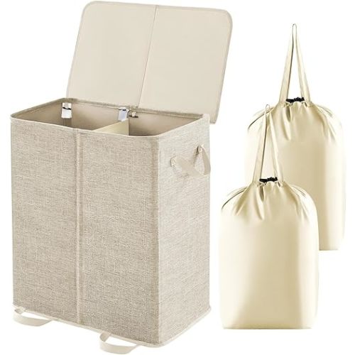 Lifewit Double Laundry Hamper with Lid and Removable Laundry Bags, Large Collapsible 2 Dividers Dirty Clothes Basket with Handles for Bedroom, Laundry Room, Closet, Bathroom, College, 136L Beige