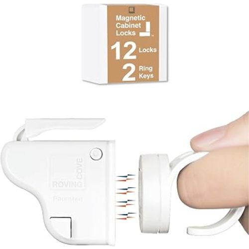 RovingCove Ergonomic Magnetic Cabinet Baby Locks 12-pk, Child Proof Drawer Cupboard Latches, 3M Adhesive, Easy Install with Starter Tape System, 12 Locks 2 Ring Keys