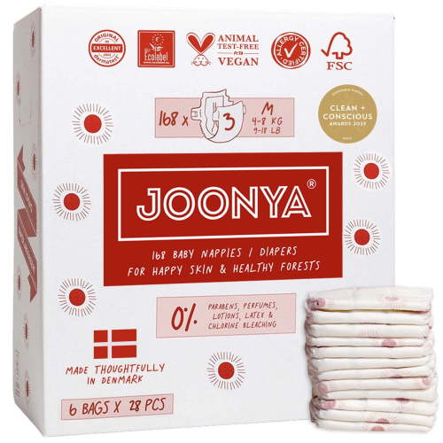 Joonya Baby Diapers - NonToxic, Eco-Friendly, Ultra Slim, Overnight Use - Bulk Disposable Eco Diapers - Made in Denmark - Size 3 M (9-18 lb) - 6 Bags of 28 (168)
