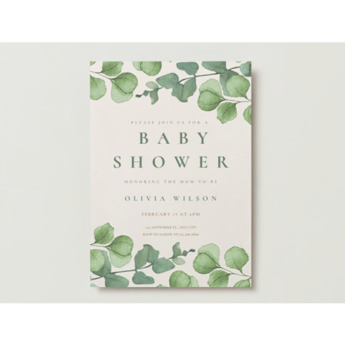 Green and Beige Watercolor Eucalyptus Baby Shower Invitation