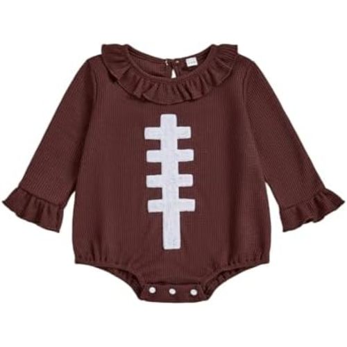 Football Newborn Outfit Baby Girl Rugby Embroidery Bubble Romper Ruffle Collar Waffle Knit Long Sleeve Bodysuit Tops