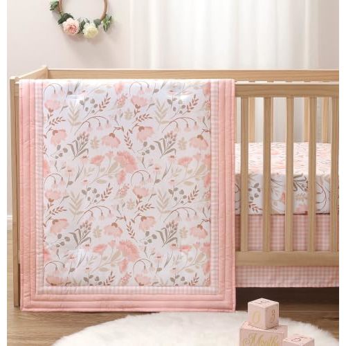 The Peanutshell Whimsical Floral 3 Piece Baby Crib Bedding Set for Girls, Pink Botanical Nursery Decor, Reversible Comforter, Crib Accessories Girl, Newborn, Infant & Toddler Girl Bedding Set