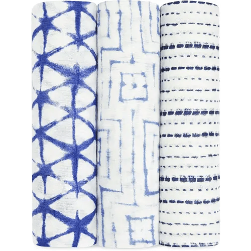 aden + anais Silky Soft Swaddle Blanket,100% Viscose from Bamboo Muslin Blankets for Girls & Boys, Baby Receiving Swaddles, Ideal Newborn & Infant Swaddling Set, 3 Pack, Indigo Shibori