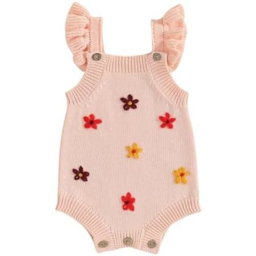 Infant Baby Girl Summer Sleeveless Strap Bubble Romper One Piece Newborn Knitted Floral Bodysuit Outfit