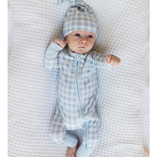 Blue Gingham Zipper Romper – In My Jammers
