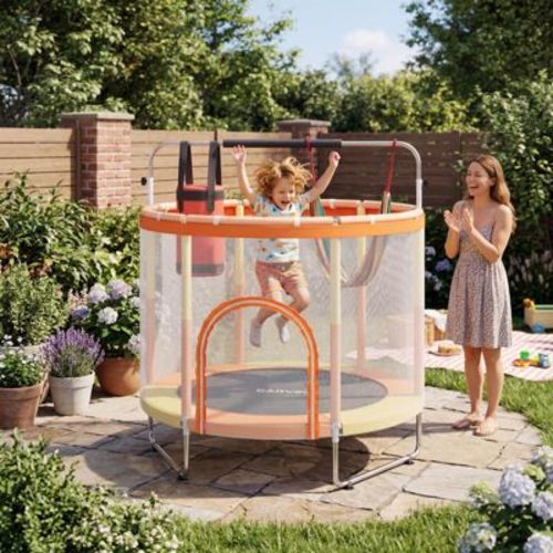 60" Trampoline for Kids, 400Lbs Capacity, Mini Toddler Trampoline with Safety Enclosure Net & Adjustable Gymnastics Bar