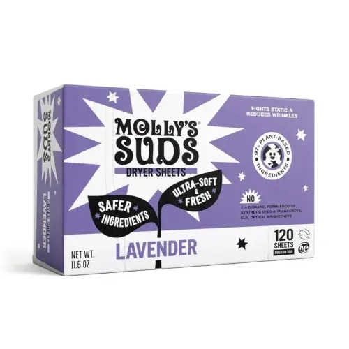 Molly's Suds Fabric Softener Dryer Sheets for Sensitive Skin | Plant-Based Static Reducer, Plastic-Free Packaging | Lavender (120 Sheets)