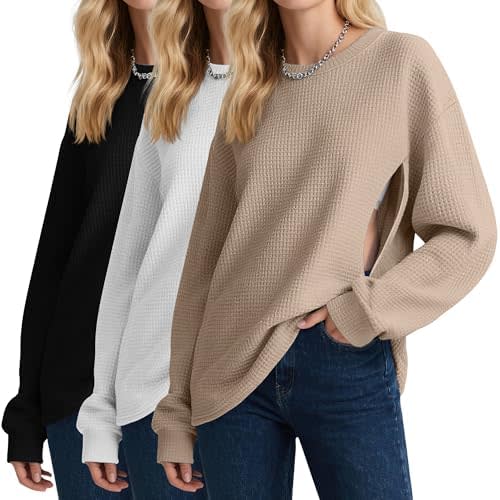 3 Pack Women's Oversized Nursing Tops, Waffle Knit Breastfeeding Zipper Sweatshirt Long Sleeve Maternity Shirts