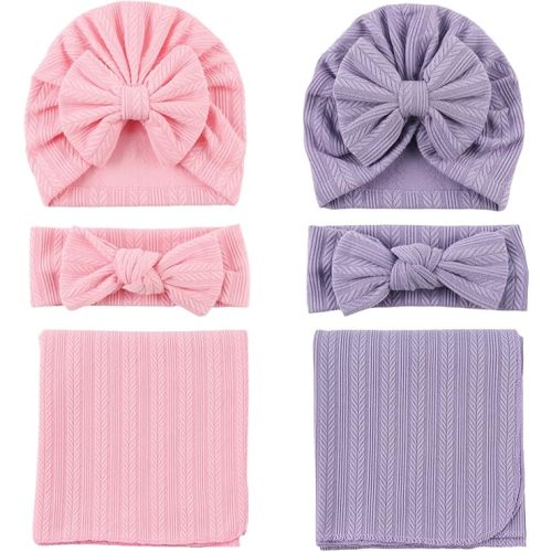 OMUKY Newborn Receiving Blanket Bow Headband and Beanie Set Baby Swaddle Receiving Blankets Baby Boy Girls Nursery Swaddle Wrap(Light Pink+Purple)