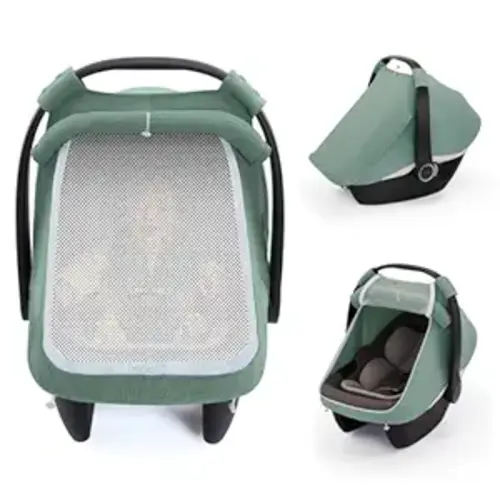 Blissful Diary Baby Car Seat Cover, Extra Large Mesh Window, Breathable Muslin Cotton, Infant Windproof Canopy, Must-Have Baby Gift - Roman Green