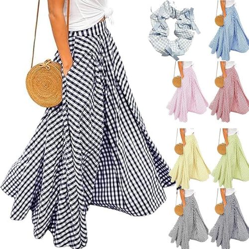 Women's High Waisted Gingham Maxi Skirt with Pockets - Classic Plaid A-Line Long Skirts Casual Swing Beach Skirt