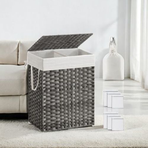 90L Laundry Hamper with Lid Laundry Clothes Hamper with 2 Removable Liner Bags Wicker Double Laundry Basket for Bathroom Gray