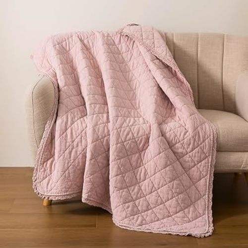 Soul & Lane - Pink Cotton Quilted Throw Blanket, 50" x 60", Scalloped Edge