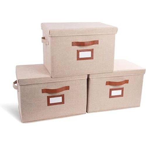 3 Pack Large Fabric Storage Box with Lid - Decorative Bin with Lid, Label Holder, Faux Handles - Large Decorative Storage Boxes with Lids for Organizing Clothes, Blankets - Oatmeal