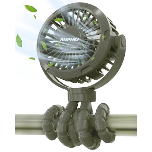 SOPOKE Mini Portable Baby Stroller Fan,3 Speed Personal Handheld Fan,Battery Operated Rechargeable 360 Flexible Tripod Cooling Fan, Suitable for Car Seat Crib Treadmill Golf Cart Travel(Green)