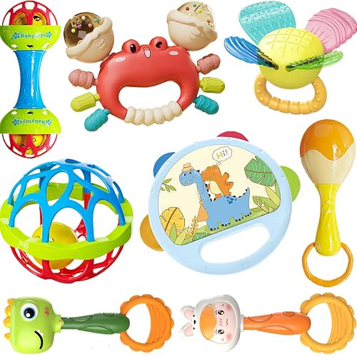 8pcs Baby Rattles Toys Set for 3+ Months,Easy-Grasp Ball,Plastic Ringdrum,Barbell Rattles,Shakers and Teethers,BPA-Free,Lightweight,Unisex,Baby Gift