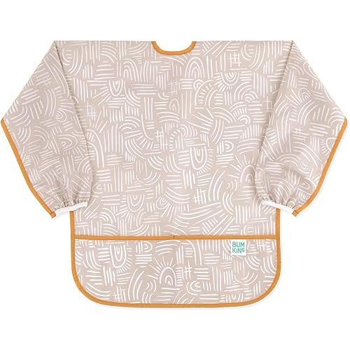Bumkins Sleeved Smock, Toddler Reusable Waterproof Bib for Girls and Boys Ages 3-5 Years, Long Sleeve Childrens, Kids Paint Apron, Arts, Crafts and Play with Pocket, Soft Fabric, Boho Beige