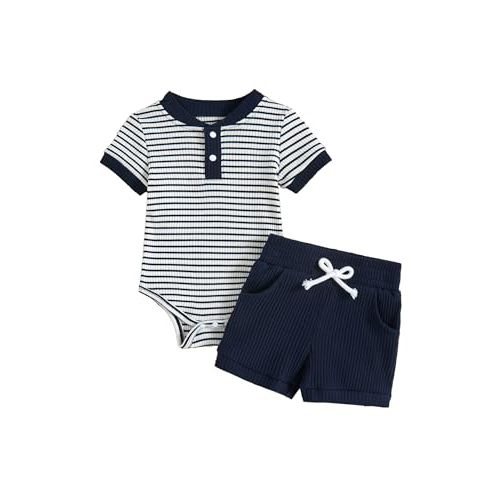 Hihosdor Baby Boy Clothes Ribbed Short Sleeve Striped Romper Top Solid Shorts with Pocket Baby Boy Summer Outfits 0-18M