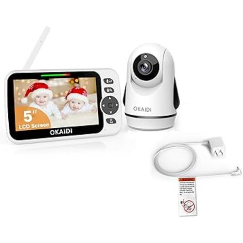 OKAIDI Video Baby Monitor with Charger Adapter, 5" Display Baby Monitor No WiFi, Video Monitor Power Cord Adapter, 6.6ft Baby Camera Charger, 5V 1A 3.5mm DC Power, Remote Pan-Tilt-Zoom Camera