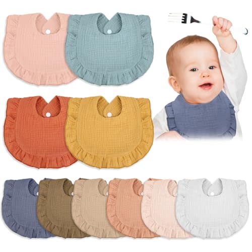 Seematn 10 Pcs Baby Muslin Bibs for Unisex Girls & Boys Drool Bibs Bandana Ruffle Soft Cotton for Newborn Infants Toddlers(Gentle Colors)
