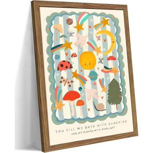 Framed Nursery Wall Art, Kids Inspirational Quote Canvas Wall Decor, Cute Insect Kids Room Prints Painting, Whimsical Sun and Moon Celestial Poster Pictures for Boys and Girls Room 12x16 Inch