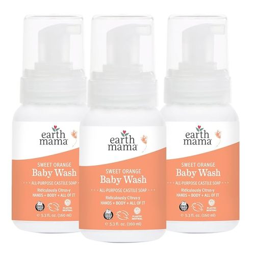 Earth Mama Sweet Orange Baby Wash Liquid Foaming Hand Soap, Organic All Purpose Body Wash for Sensitive Skin, Castile Soap with Coconut Oil, Shea Butter, Calendula, & Aloe, 5.3 fl oz (3-Pack)