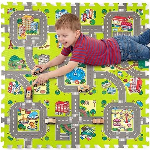 Baby Play Mats for Floor, Foam Play Mat, Interlocking Foam Tiles City Road Track Puzzle Mat 9 Pieces