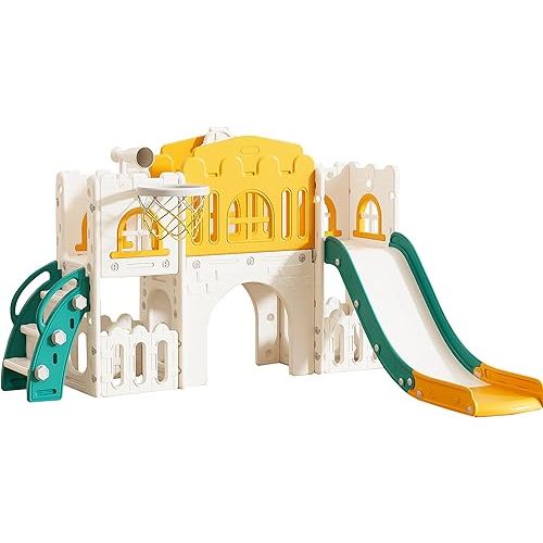 7 in 1 Toddler Slide,Kids Climber Slide with Storage Space and Non-Slip Steps, Toddler Playset with Basketball Hoopa and Telescope, Indoor Outdoor Playground for Toddlers