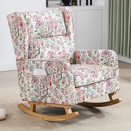 Nursery Rocking Chairs, Rocking Chair Nursery for Mom Nursery Rocker with High Backrest and Solid Wood Legs, Modern Wingback Accent Chairs for Reading Living Room Bedroom, Pink Floral