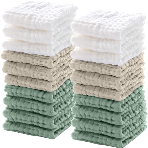 Breling 20 Pcs Baby Muslin Washcloth 12 x 12 Inch 100% Cotton Soft and Absorbent Muslin Washcloth Burp Cloth Wipe Newborn Face Towel for Baby Boy Girl Sensitive Skin (White, Khaki, Dark Green)