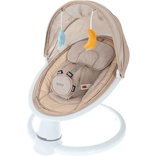 Nuby Baby Swing with Canopy and Remote - 5-Level Infant Swing with Soothing Sounds and Mobile App Control - 0-9 Months - Tan - Baby Holiday Gift