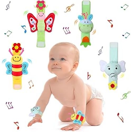 Jerify 4 Pcs Baby Wrist Rattles Animal Pattern Newborn Rattle Wrist Foot Toy for Babies Boy Girl Infant Birthday Gifts Educational Toys, 4 Designs