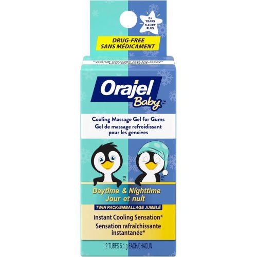 Orajel Baby Cooling Massage Gel for Gum, Daytime & Nighttime Combo Pack, Instant Cooling Sensation, Drug-Free, 2 x 5.1g Tubes