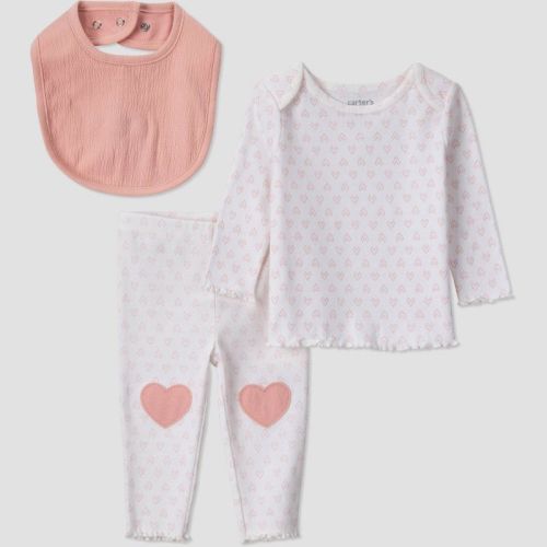 Carter's Just One You® Baby Girls' 3pc heart Top And Bottom Set With Bib - Pink 3M