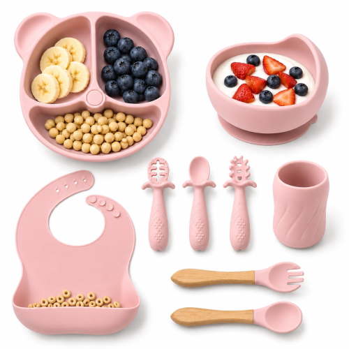 Aprpink 8 Pcs Bear Silicone Baby Feeding Set, Self-Feeding Tableware Kit with Suction Plate, Bowl, Straw Cup, Bib & Spoon Fork, Silicone Baby Feeding Set