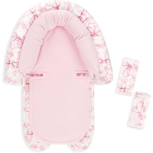 Baby Car Seat Head Support for Newborn, 2 in 1 Infant Car Seat Head Body Support with Strap Pads, Soft Stroller Cushion Pillow Insert for Girls, Fits for Stroller, Swing, Pink Bow & Flowers