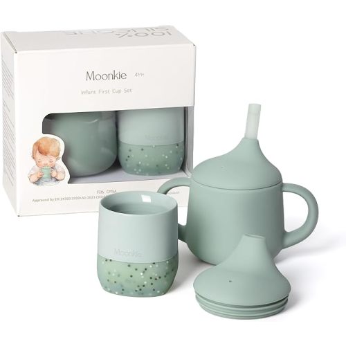 Moonkie Baby Training Cup & Sippy Cup Set | 4 Months+ | Baby-Led Weaning Essential | Gift for Infants (Mint Cup Set, 2 Pack)