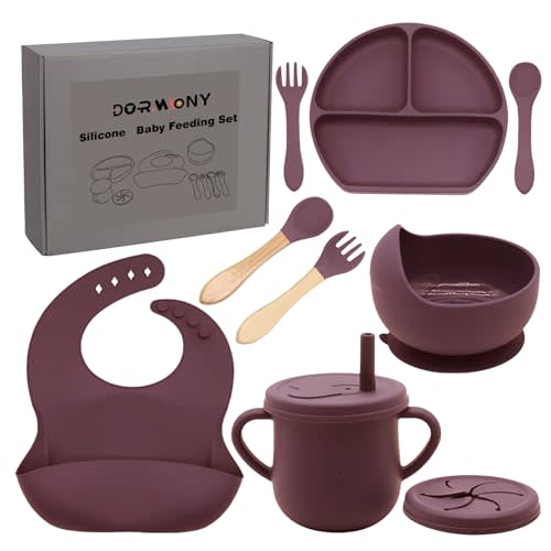 Dormlony 100% Silicone Baby Feeding Set, BPA Free Dishes With Suction Bowl, Divided Plate, Toddler Self Feeding Utensils, Spoons, Forks, Sippy Cup and Bib (Dark Red)
