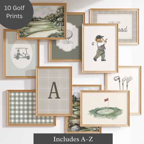Sage Green Teddy Bear Nursery Golf Prints, Set of 10, Custom Initials, Nostalgic Wall Decor, Vintage Sport Nursery Decor, Golf Boy Room Art