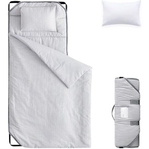 Wake In Cloud - Cot Nap Mat with Pillow and Blanket, 100% Cotton Fabric, for Toddler Kids Boys Girls Ages 3 Plus in Daycare Kindergarten Preschool, Ticking Stripes