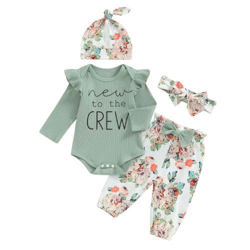 vigerkar New To The Crew Baby Girl Outfit Newborn Coming Home Outfits Ribbed Romper Bodysuit Floral Pants Set (Light Green, 0-3 Months)