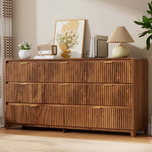 Pikvki Fluted 8 Drawers Dresser for Bedroom, 55.1" Wide Modern Chest of Drawers with Metal Handle, TV Stand for Living Room, Walnut