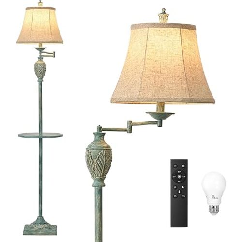 Traditional LED Floor Lamp with 350° Adjustable Swing Arm Lamp – Vintage Standing Pole lamp for Living Room, Bedroom and Office – Rustic Upright Floor Light for Home Décor with Silk Fabric Shade